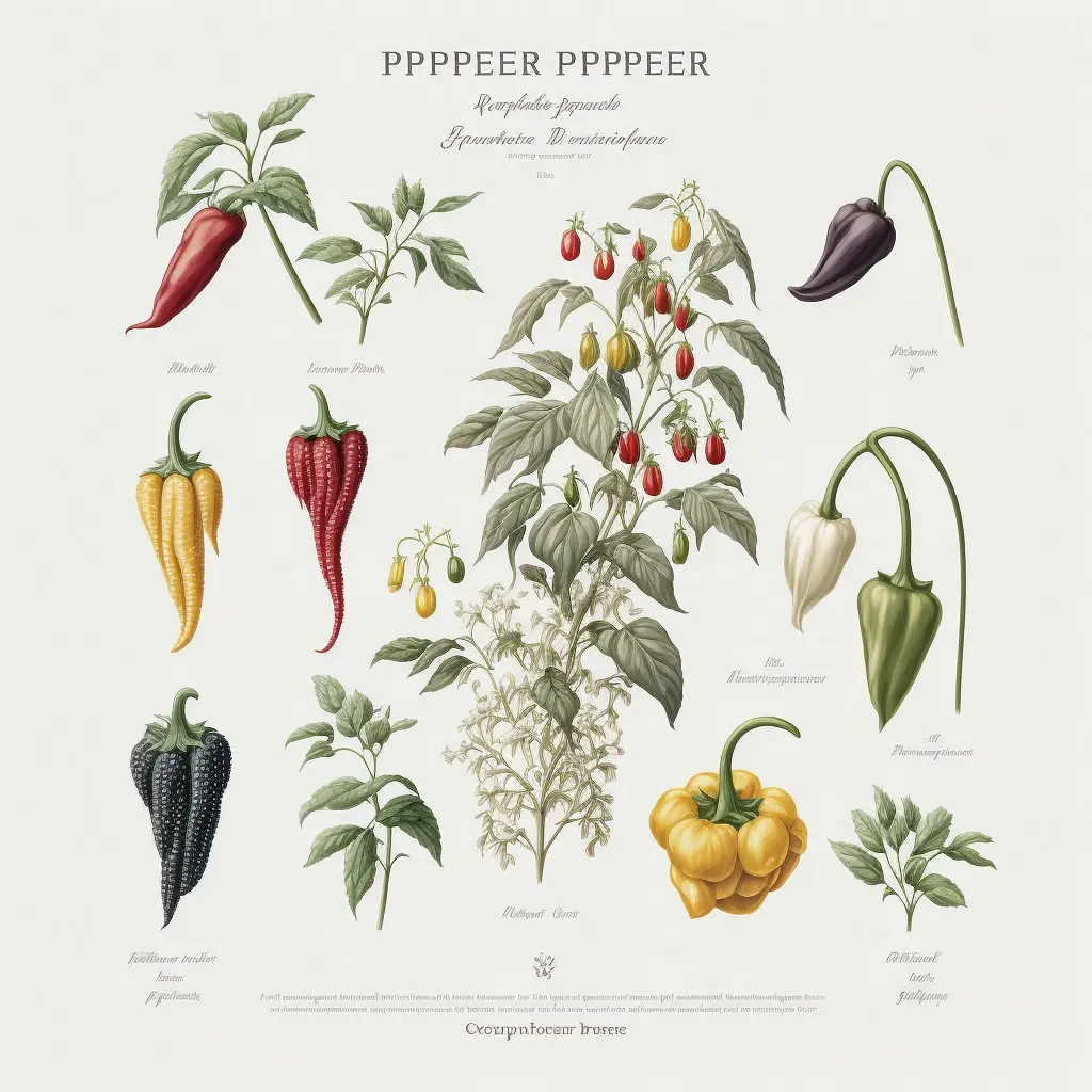 pepper varieties, botanical illustration, white background, style of Pierre-Joseph Redoute